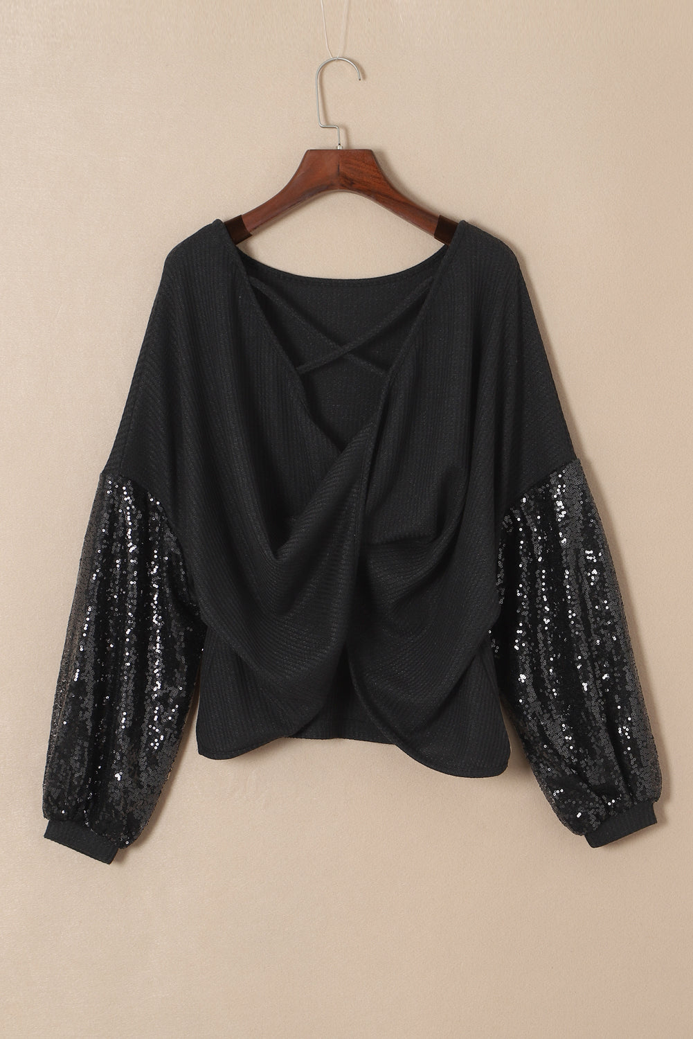 Sequin Patchwork Sleeve Open Back Top