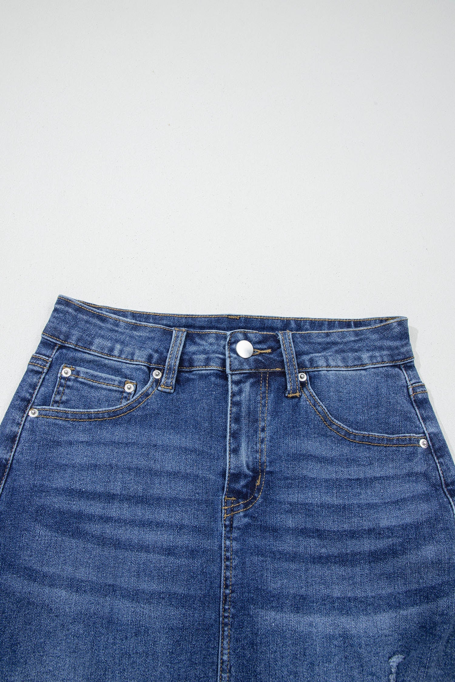 Denim Asymmetrical Distressed Midi Skirt