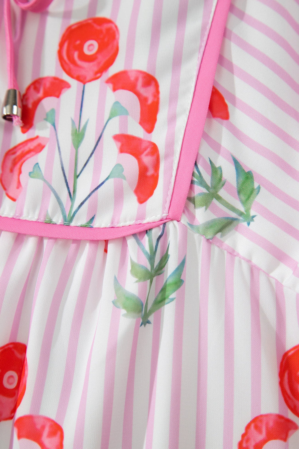 Floral Stripe Tie Neck Puff Sleeve Mini Dress