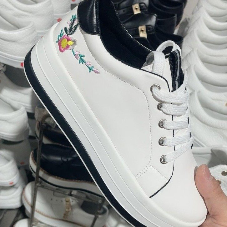 Women's Embroidery Platform Sneakers | Floral PU Lace-Up Chunky Sole Shoes by Sarah Express
