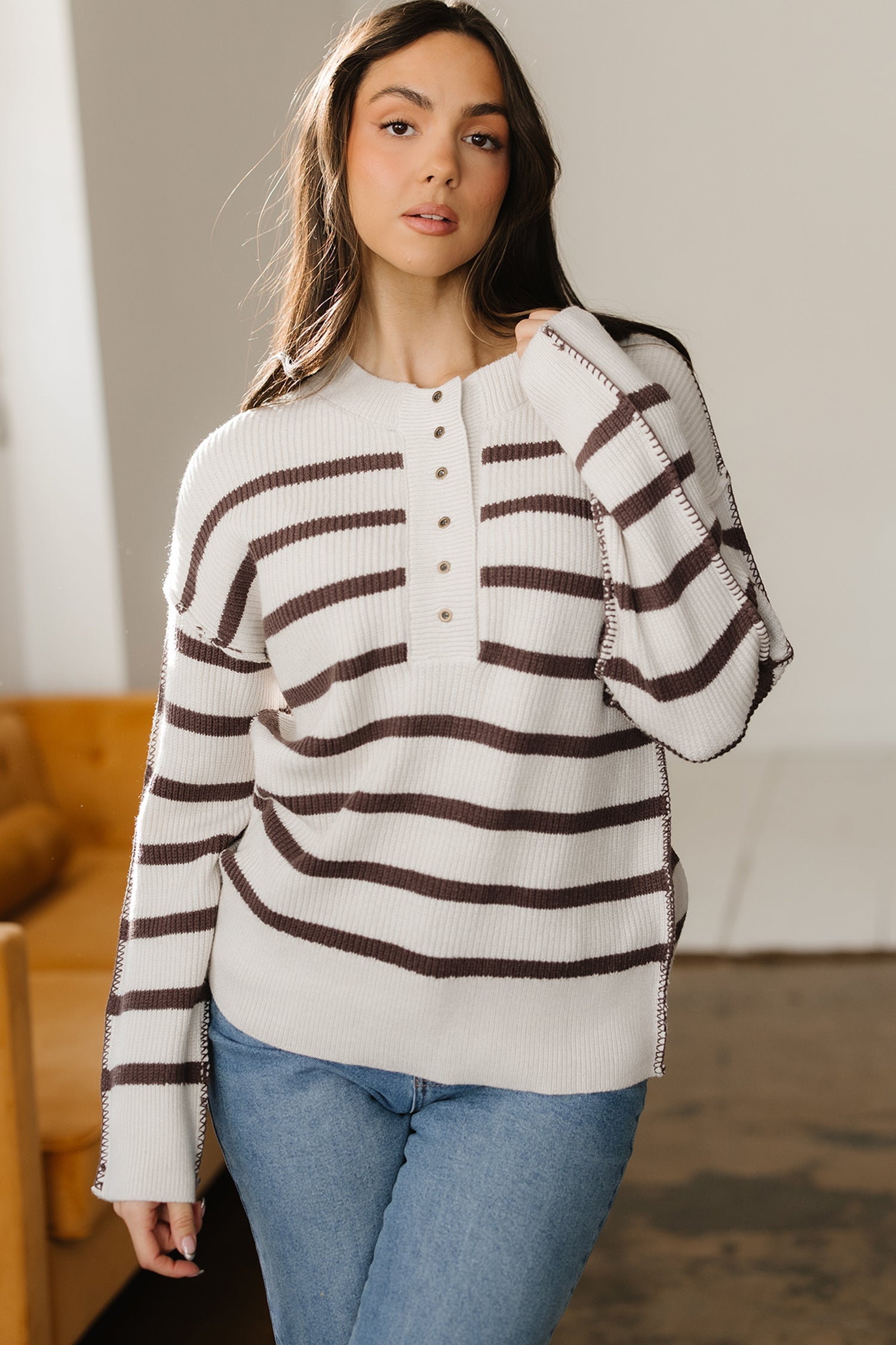 Stripe Ribbed Slouchy Drop Shoulder Henley Sweater