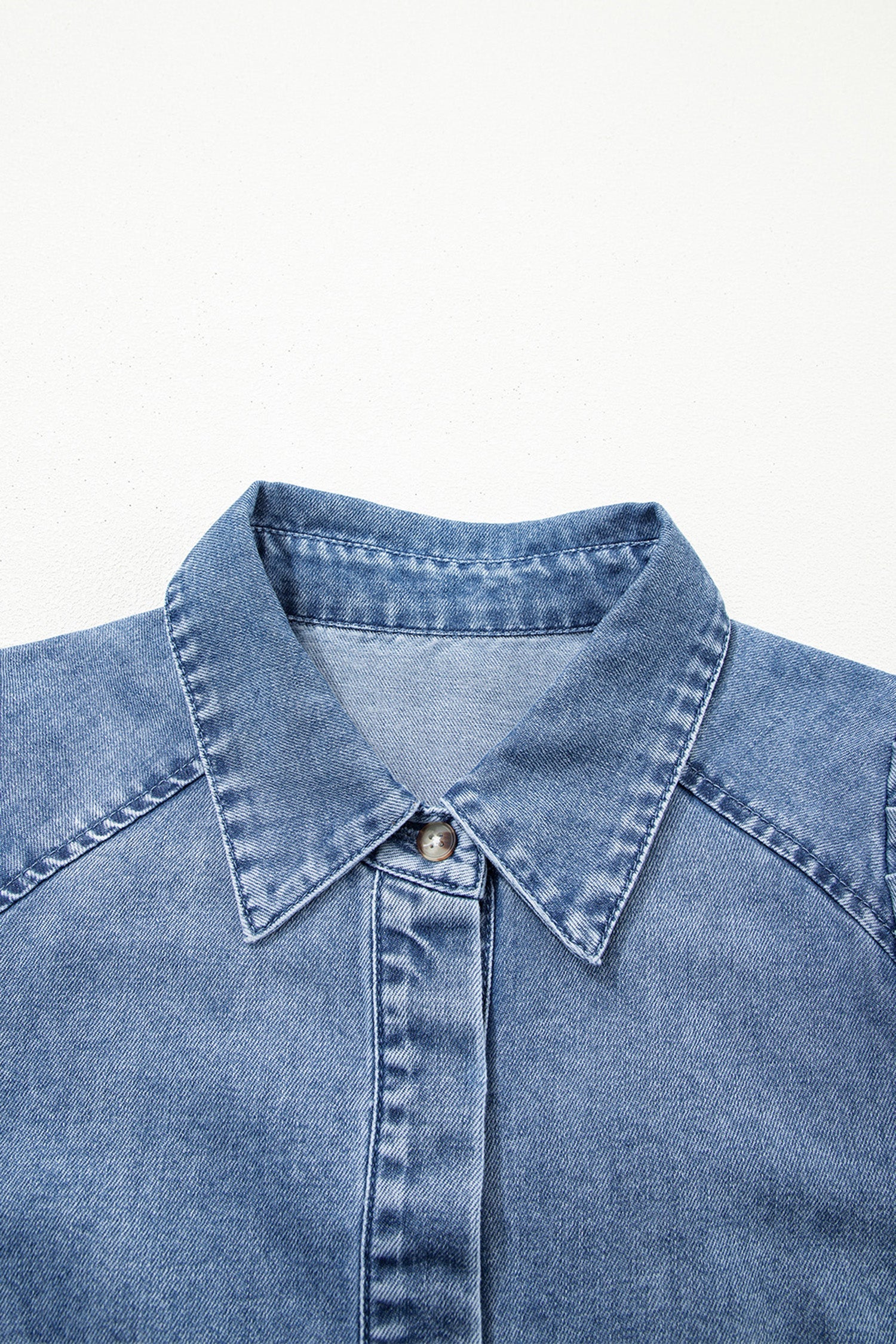 Solid Denim 3/4 Puff Sleeve Collared Shirt