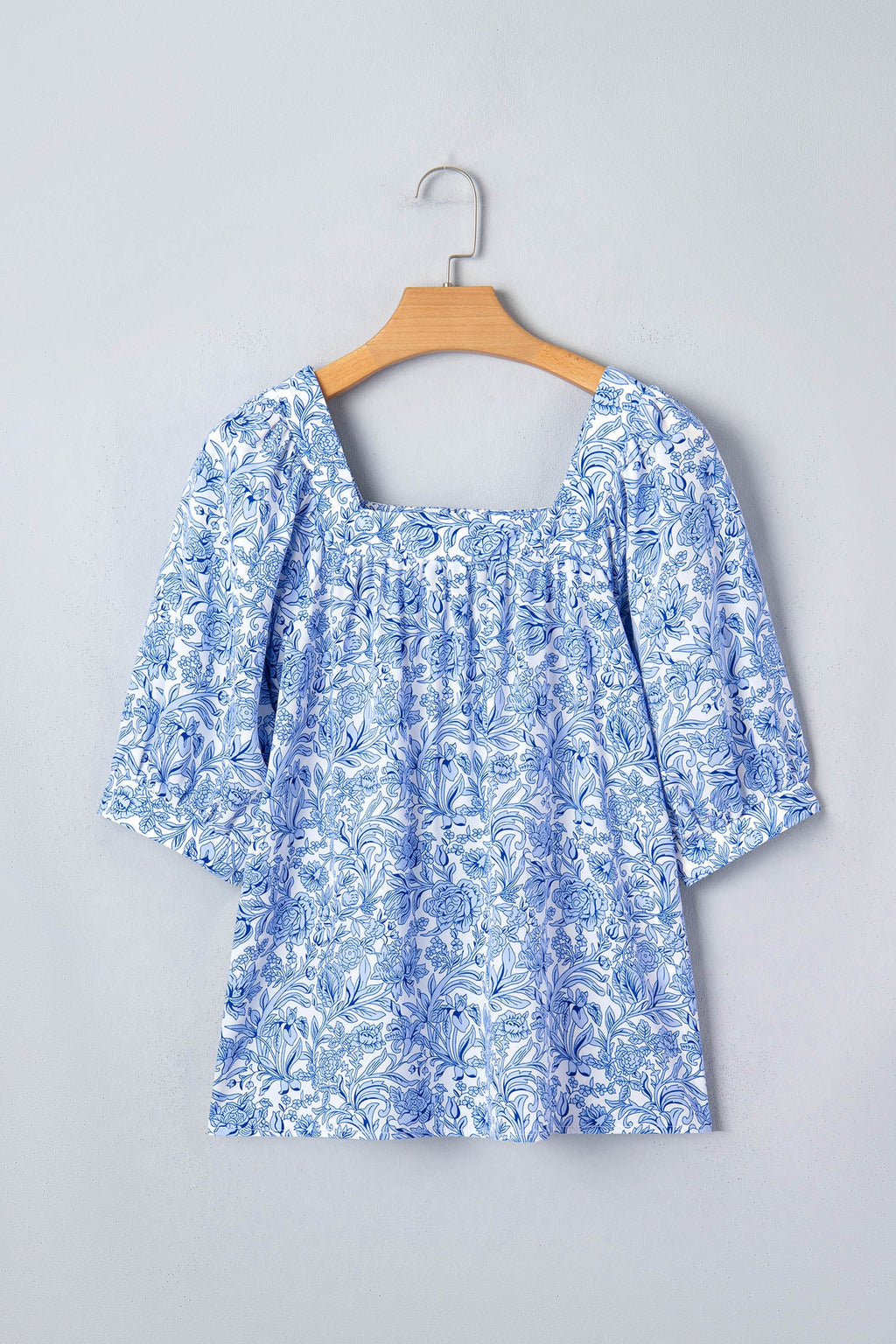 Floral Pleated Square Neck Puff Sleeve Blouse