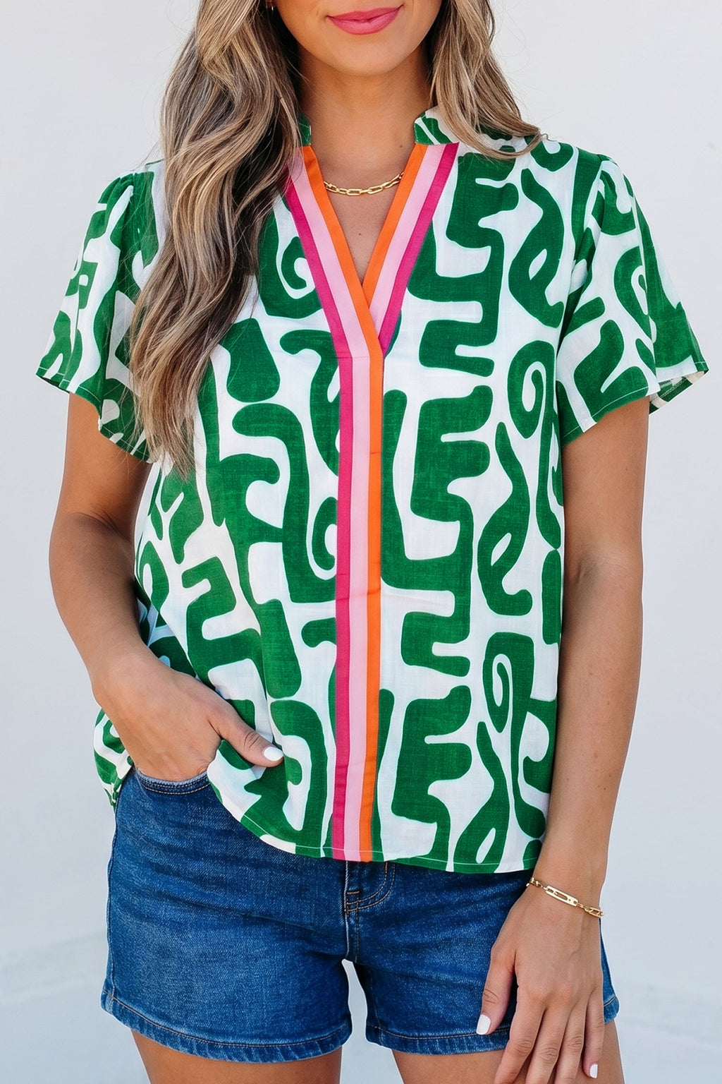 Abstract Stripe Trim V-Neck Short Sleeve Blouse
