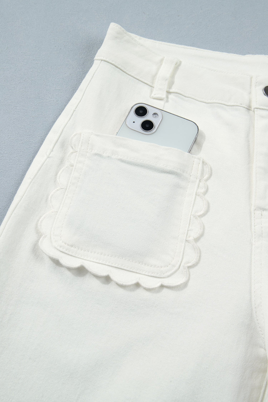 Solid Denim Scalloped Patch Pocket Shift Jeans