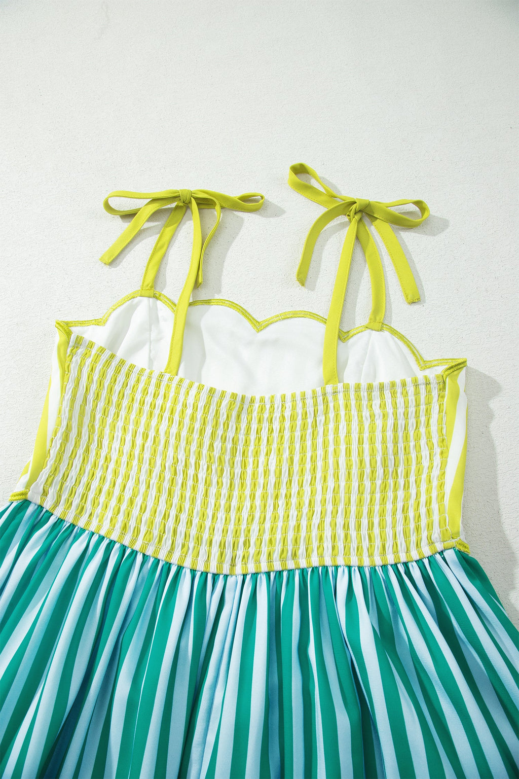 Stripe Scalloped Contrast Patchwork Knot Strap Midi Dress
