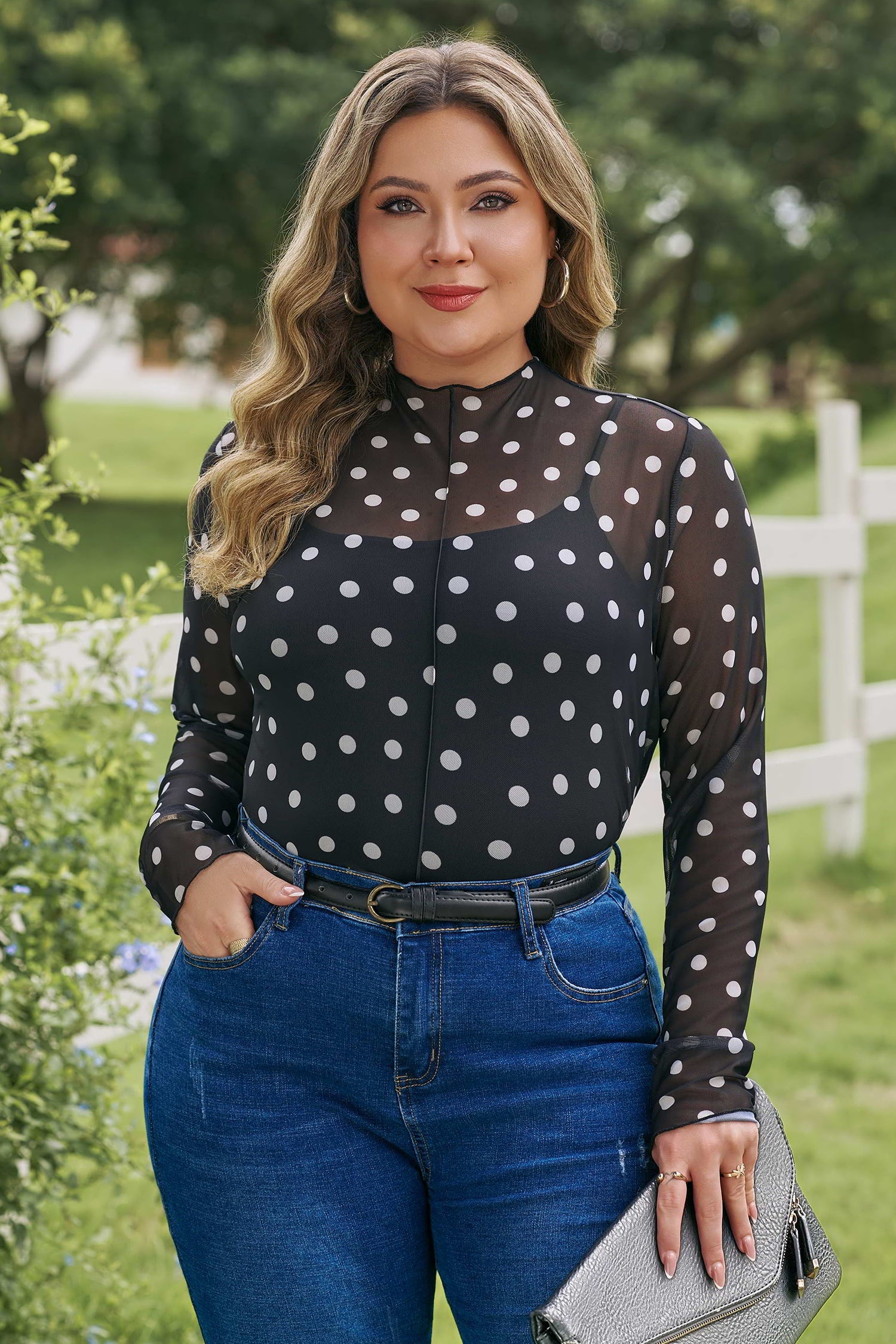 Plus Size Polka Dot Mesh Mock Neck Top
