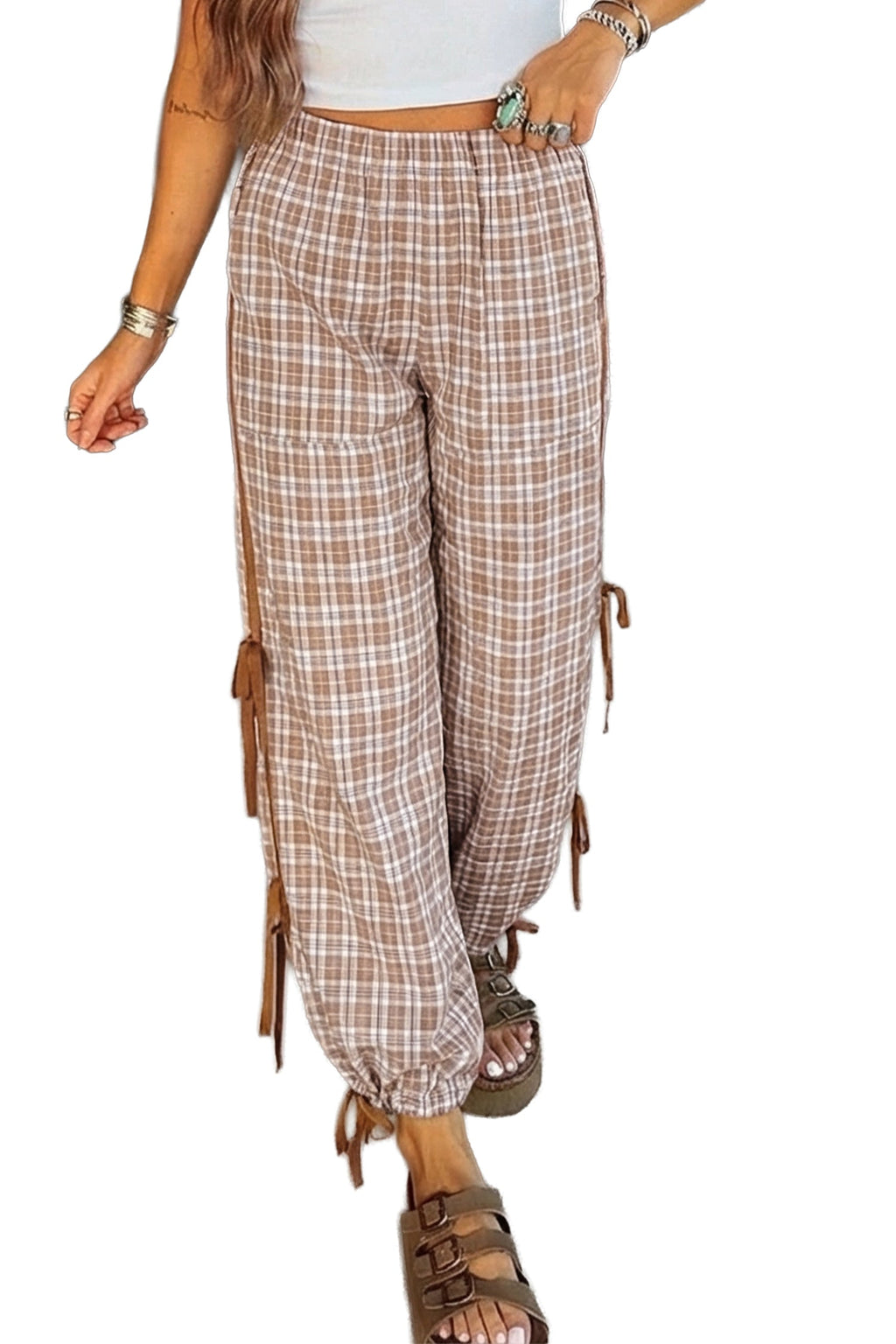 Plaid Bow Tie Contrast Elastic Waist Jogger Pants