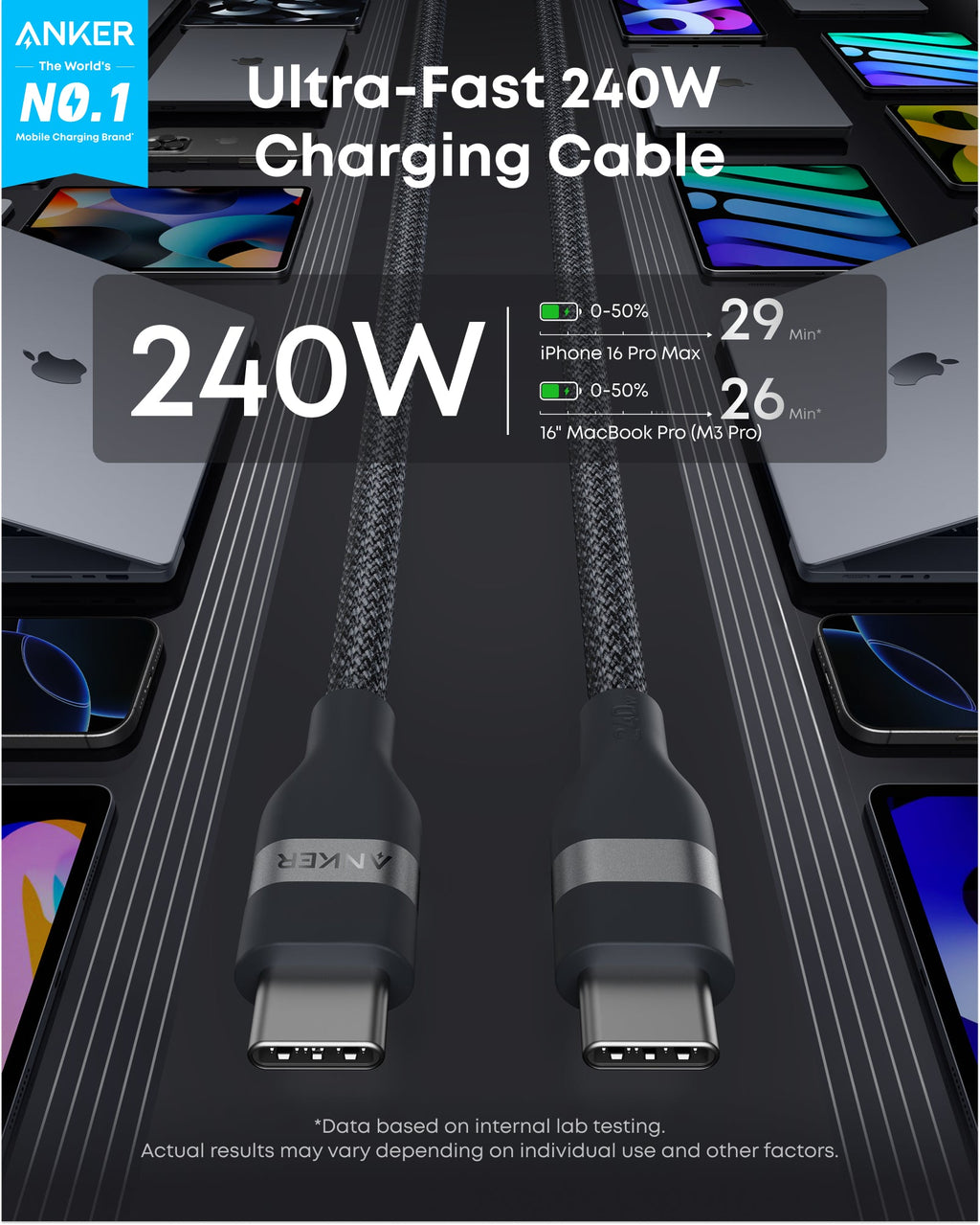 Anker USB-C to USB-C Cable (3 ft / 6 ft, 240W, Upcycled-Braided) by Anker