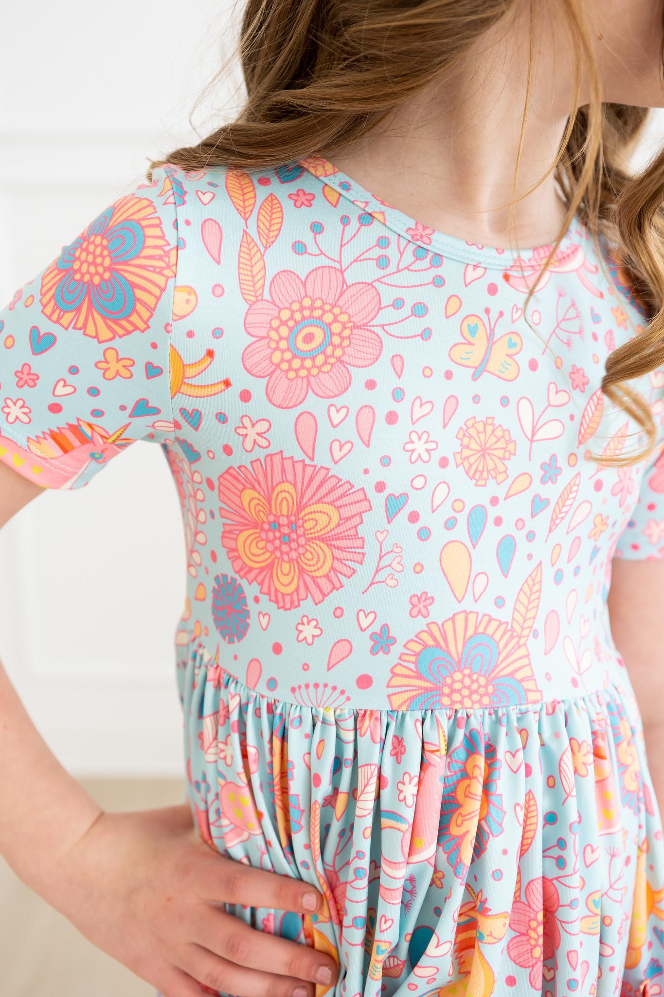 SALE Blue Retro Unicorns S/S Pocket Twirl Dress by Mila & Rose ®