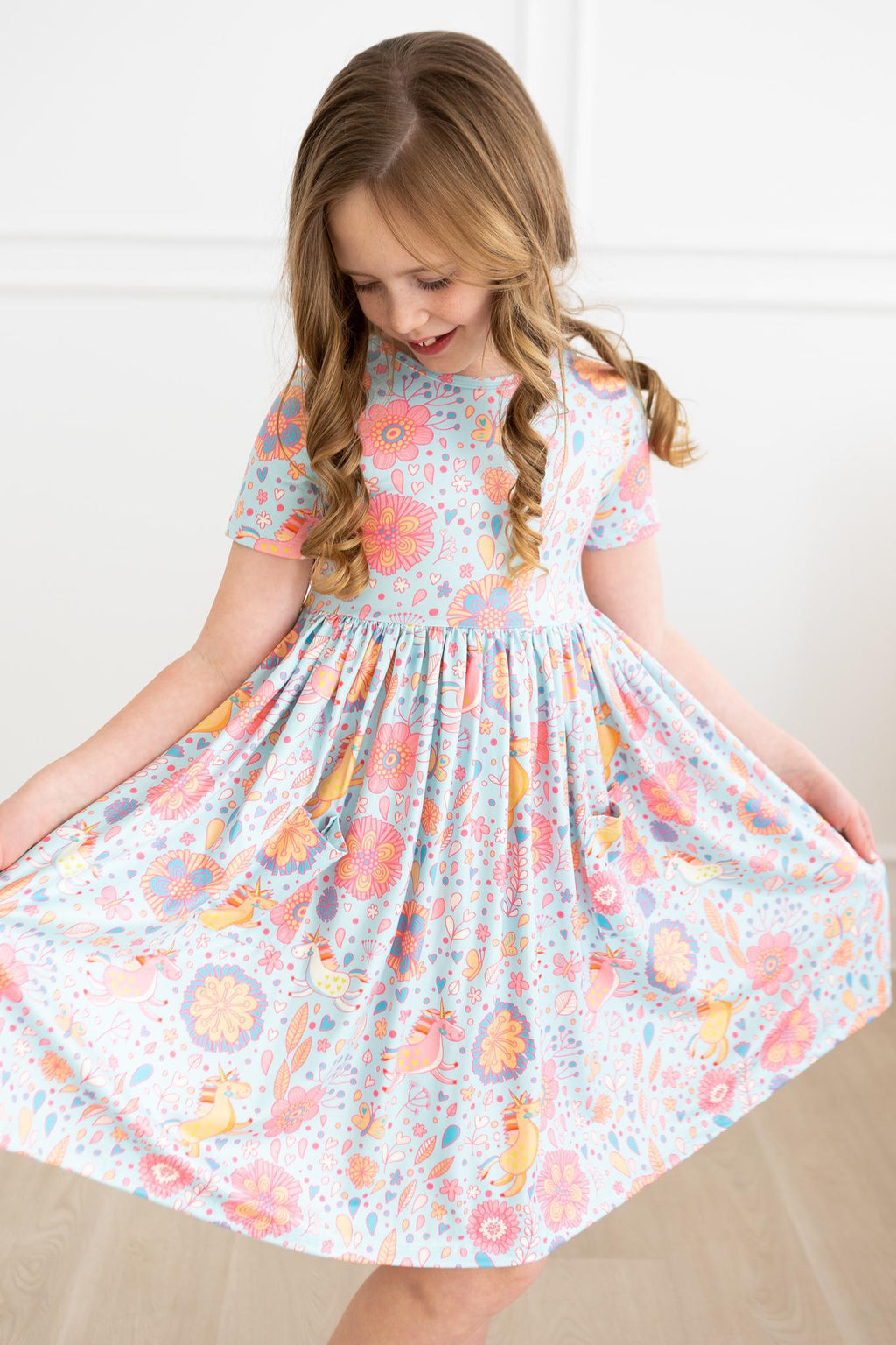 SALE Blue Retro Unicorns S/S Pocket Twirl Dress by Mila & Rose ®