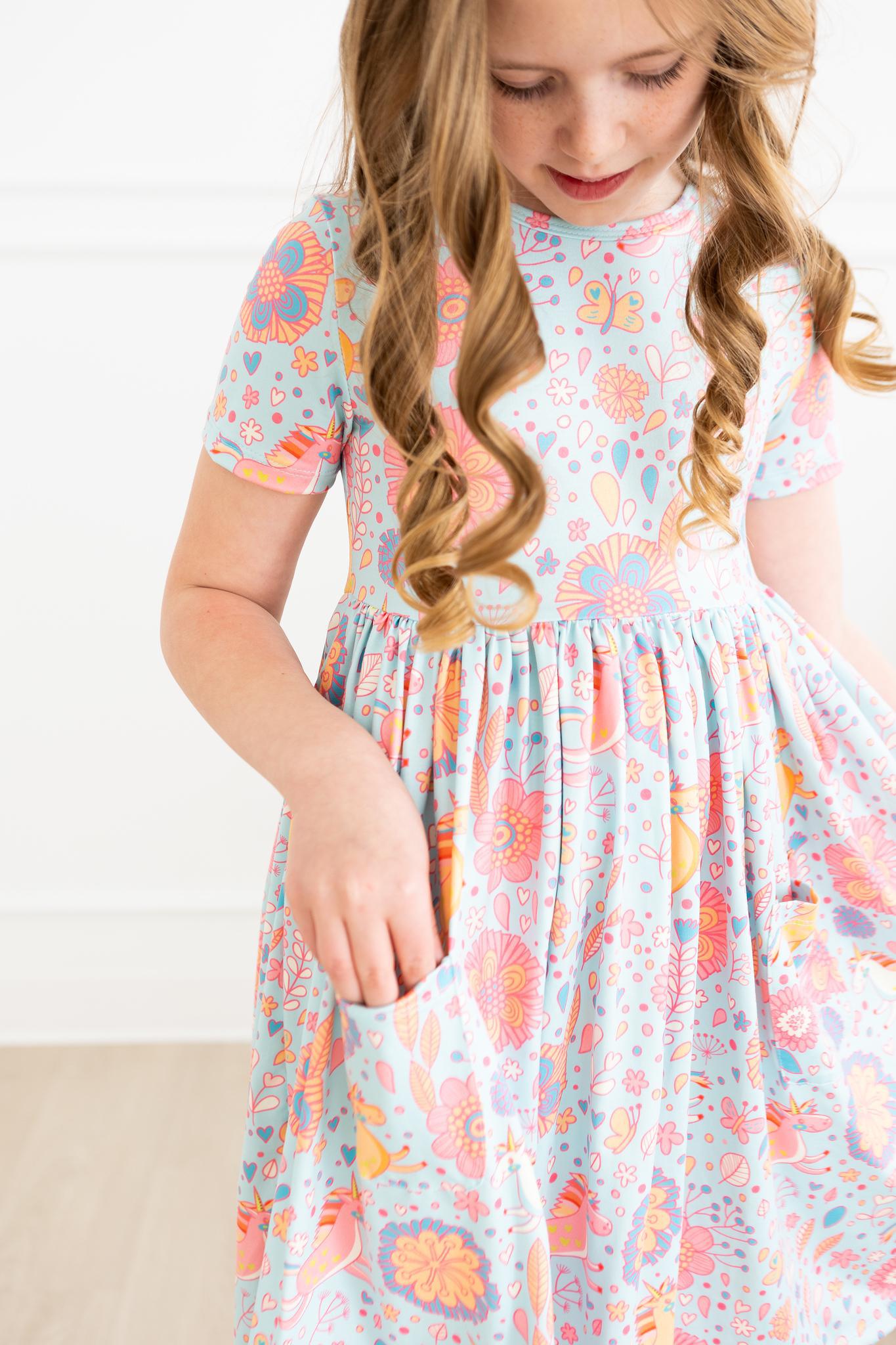 SALE Blue Retro Unicorns S/S Pocket Twirl Dress by Mila & Rose ®