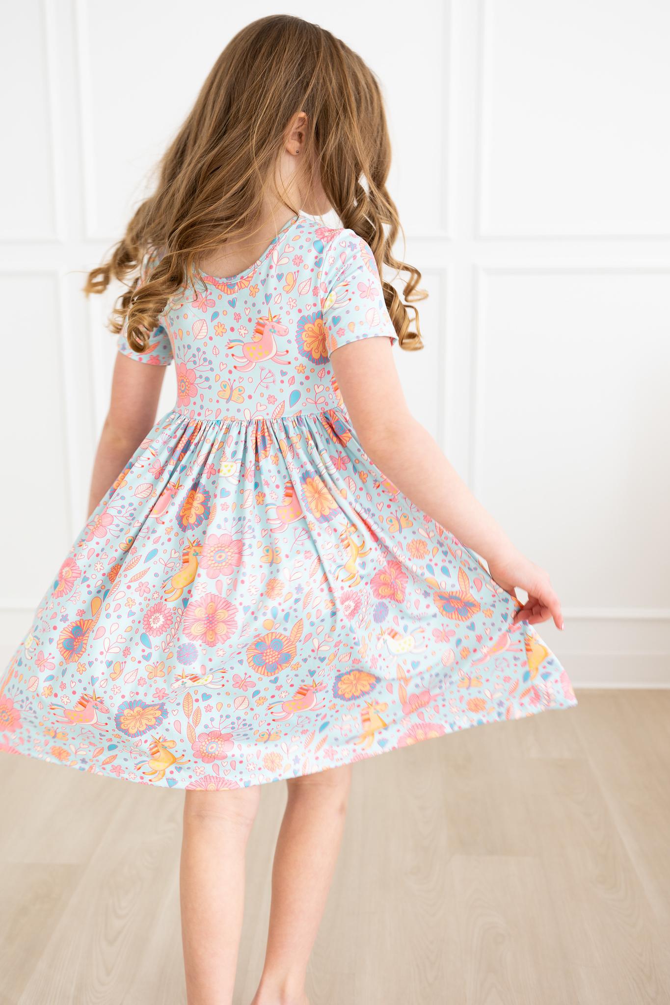 SALE Blue Retro Unicorns S/S Pocket Twirl Dress by Mila & Rose ®