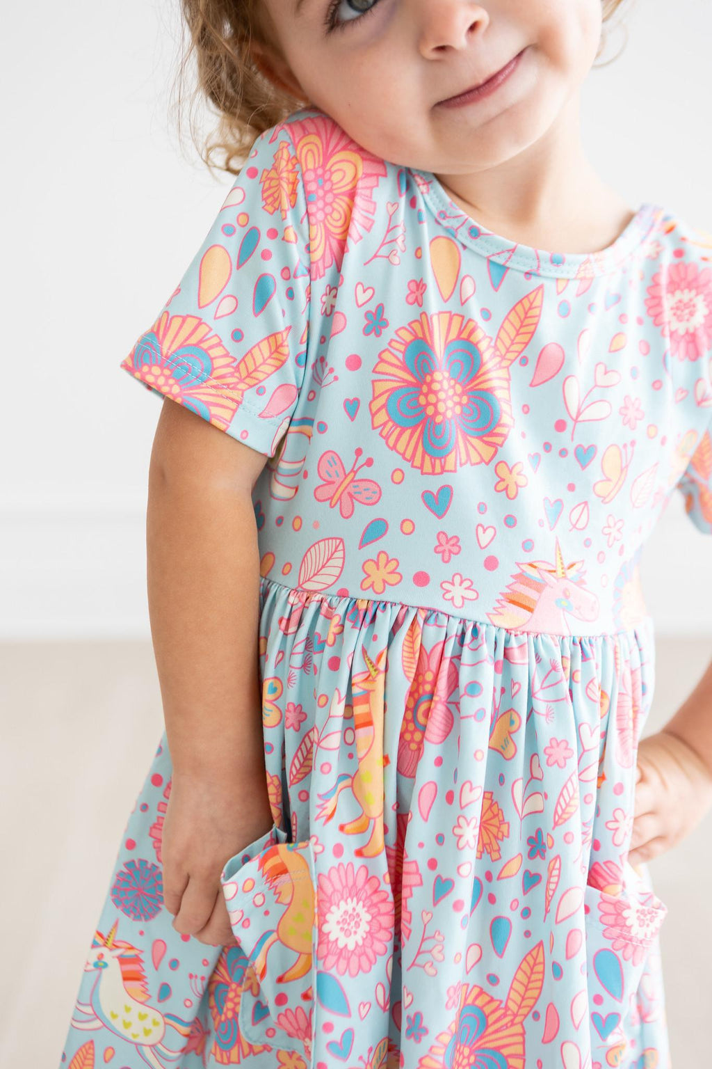 SALE Blue Retro Unicorns S/S Pocket Twirl Dress by Mila & Rose ®