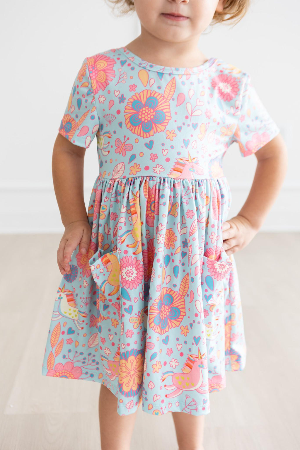 SALE Blue Retro Unicorns S/S Pocket Twirl Dress by Mila & Rose ®