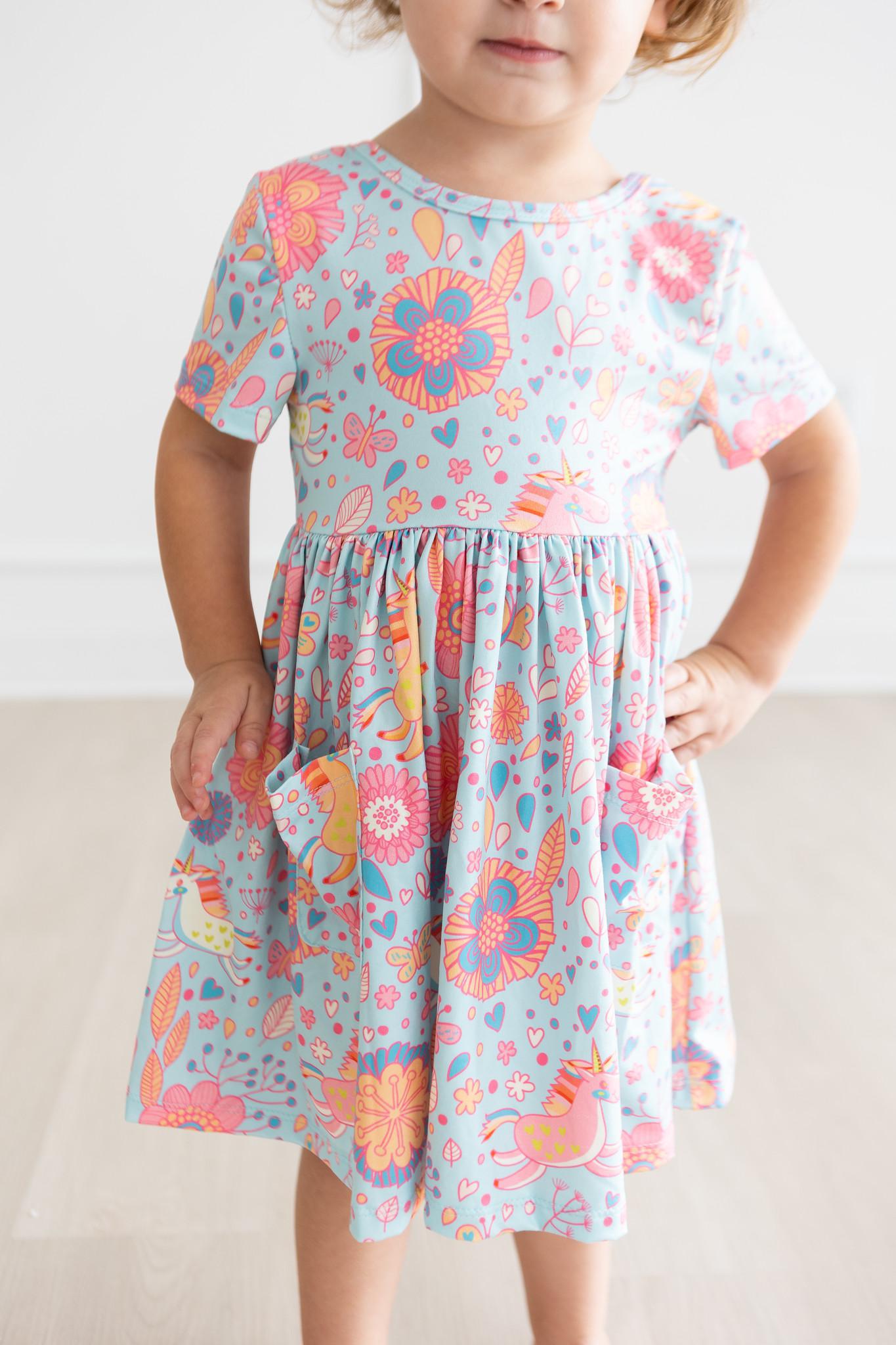 SALE Blue Retro Unicorns S/S Pocket Twirl Dress by Mila & Rose ®