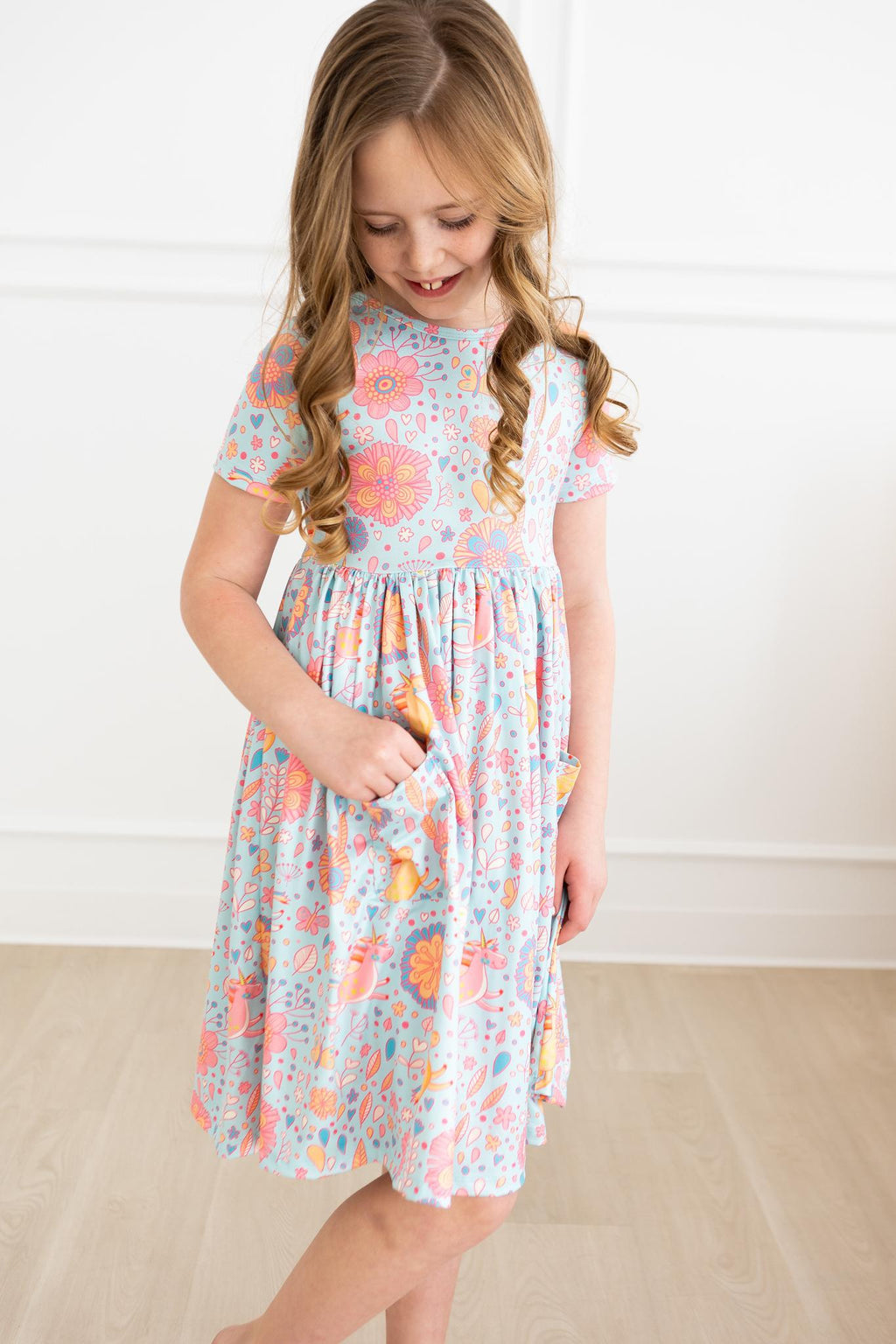 SALE Blue Retro Unicorns S/S Pocket Twirl Dress by Mila & Rose ®