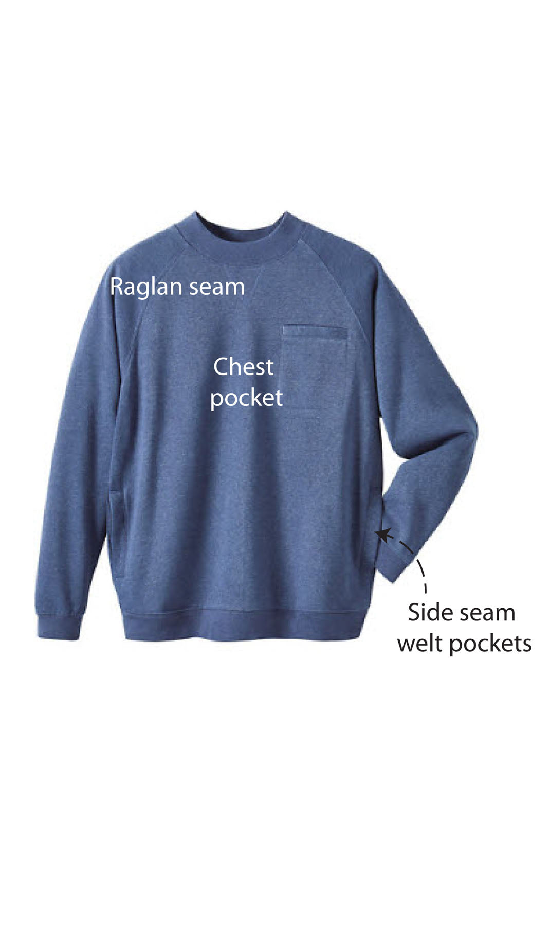 Mens 3-Pocket Fleece Sweatshirt with Raglan Seams, Chest Pocket and Tagless Neck by TURTLE BAY APPAREL