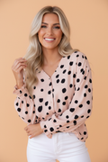 Dotted Buttoned V-Neck Frilled Puff Sleeve Blouse