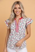 Floral Contrast Trim V-Neck Flutter Sleeve Blouse