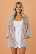 Solid Hollowed Knit Drop Shoulder Open Cardigan