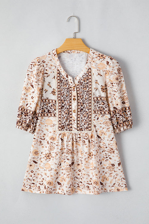 Boho Floral Half Placket Short Sleeve Blouse