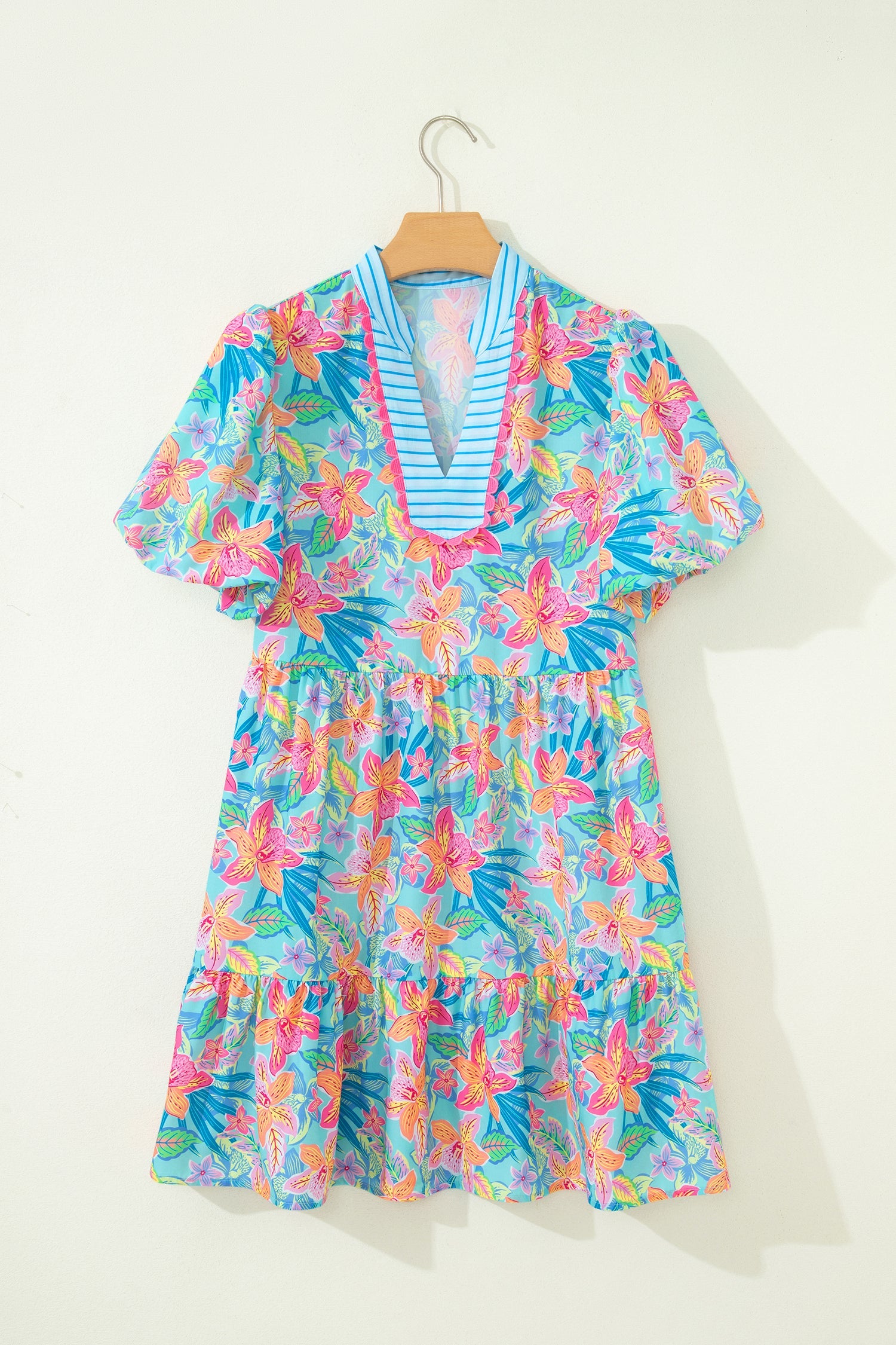 Floral Stripe Scallop Trim V-Neck Tiered Dress