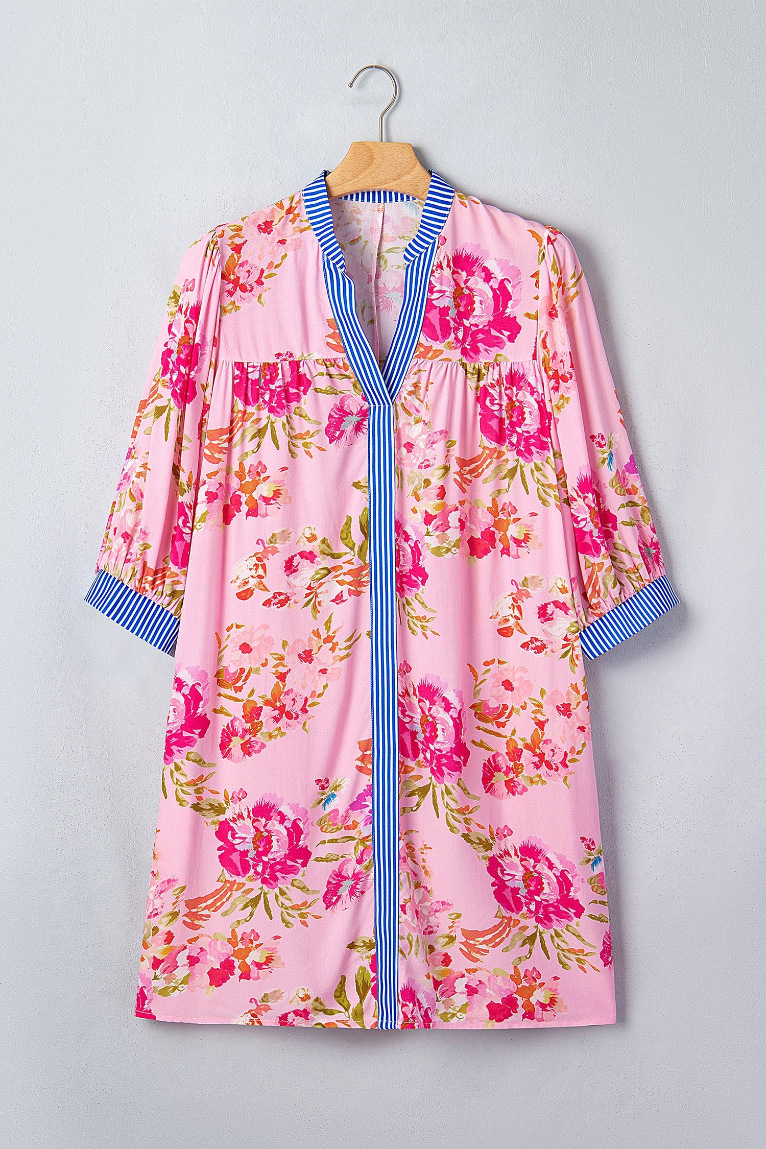 Floral Stripe Patchwork Trim 3/4 Sleeve Mini Dress