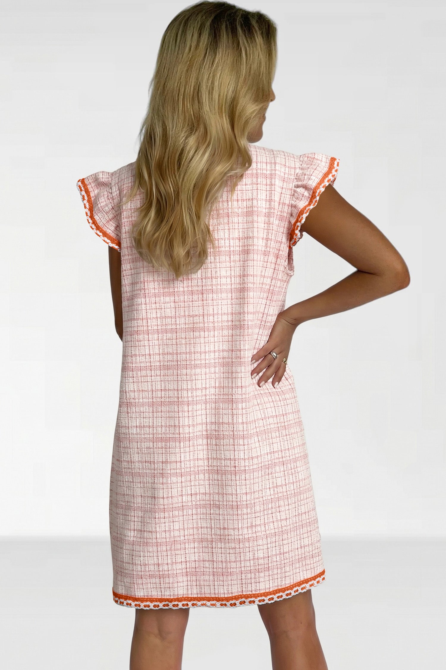 Plaid Textured Contrast Trim Tassel-Tie Mini Dress