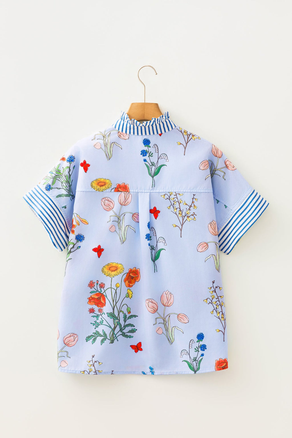 Floral Stripe Patchwork Ruffled Collar Shirt