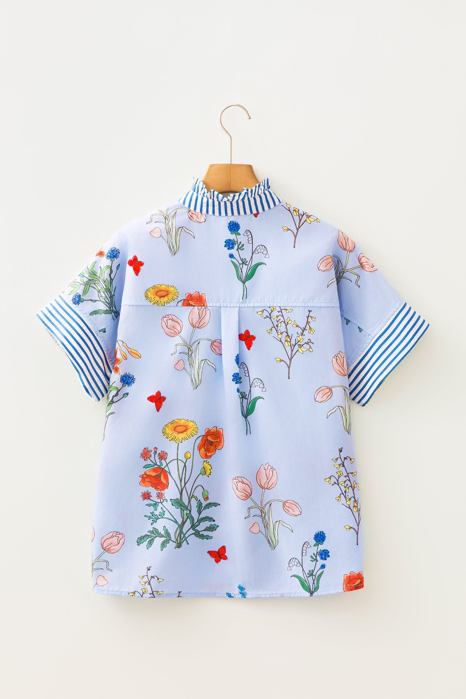 Floral Stripe Patchwork Ruffled Collar Shirt
