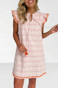 Plaid Textured Contrast Trim Tassel-Tie Mini Dress