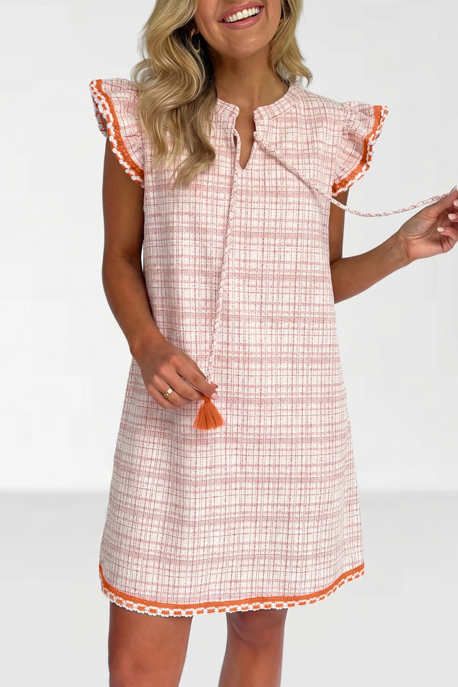 Plaid Textured Contrast Trim Tassel-Tie Mini Dress