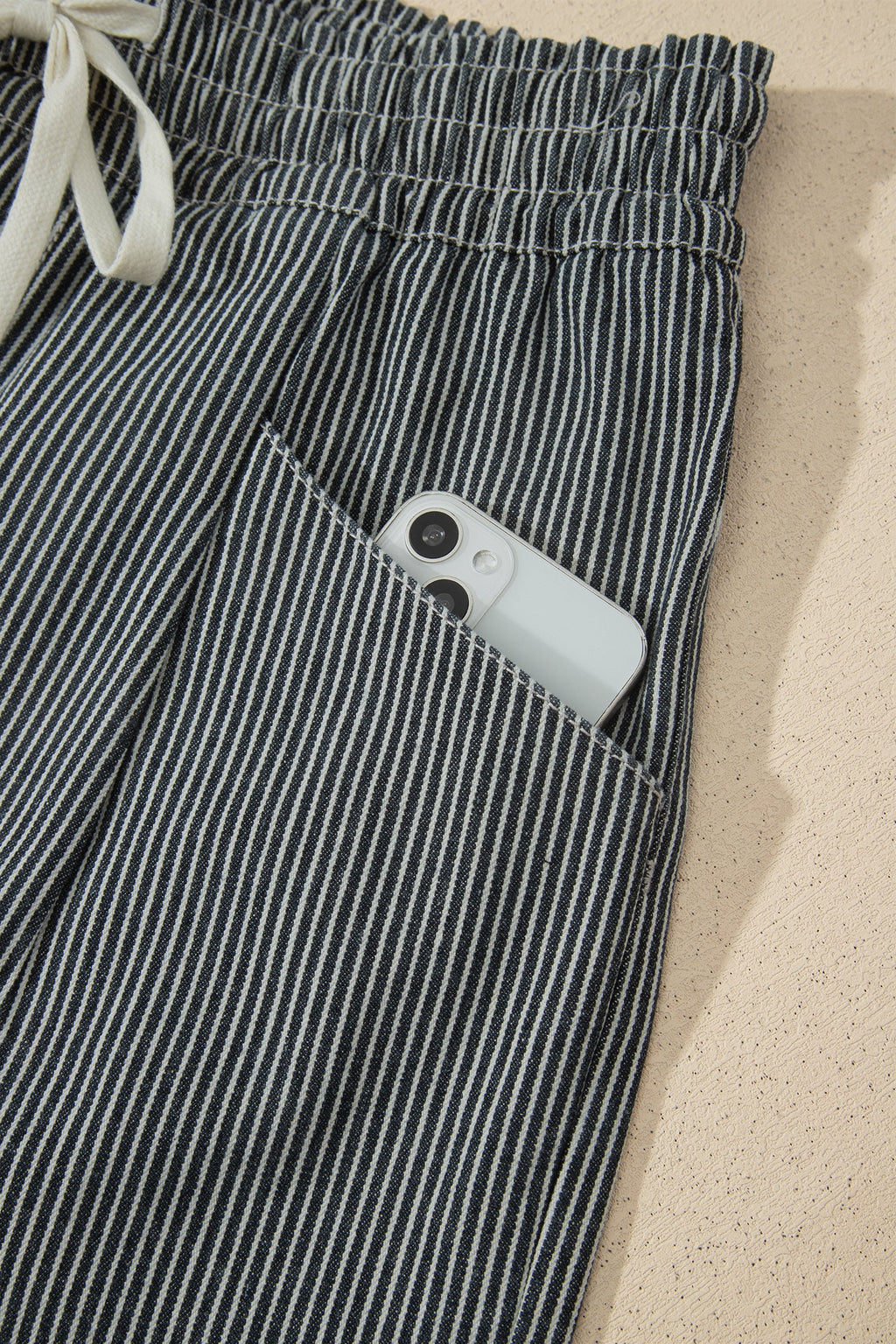 Stripe Denim Raw Edge Drawstring Waist Shorts