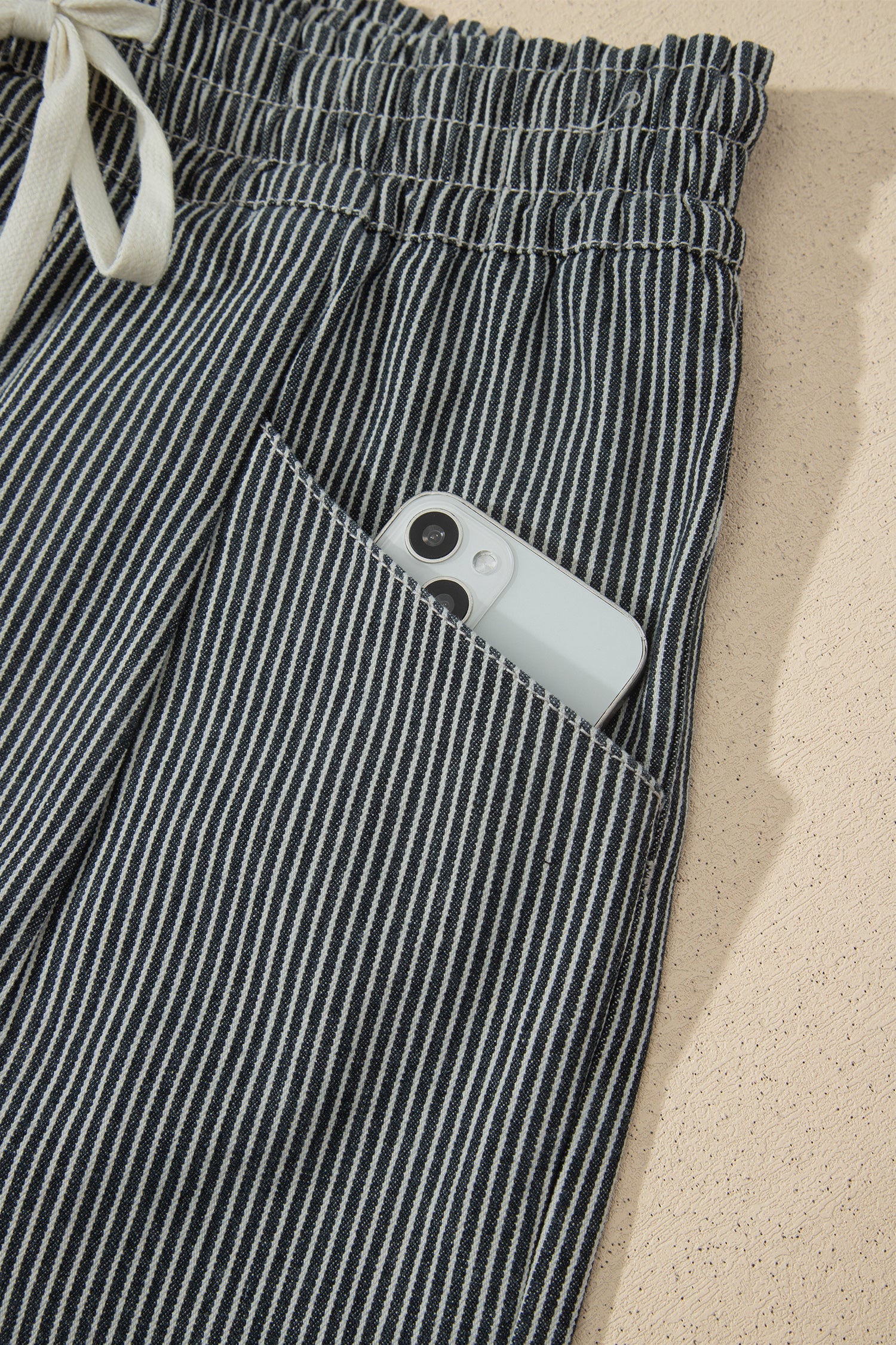 Stripe Denim Raw Edge Drawstring Waist Shorts