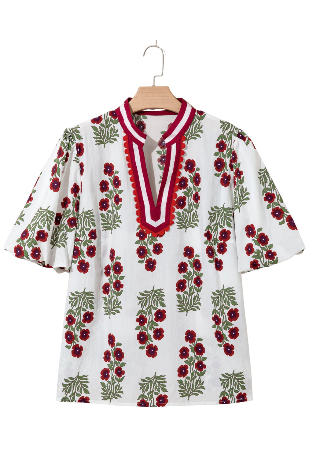 Plus Size Floral Ricrac Trim Short Sleeve Blouse