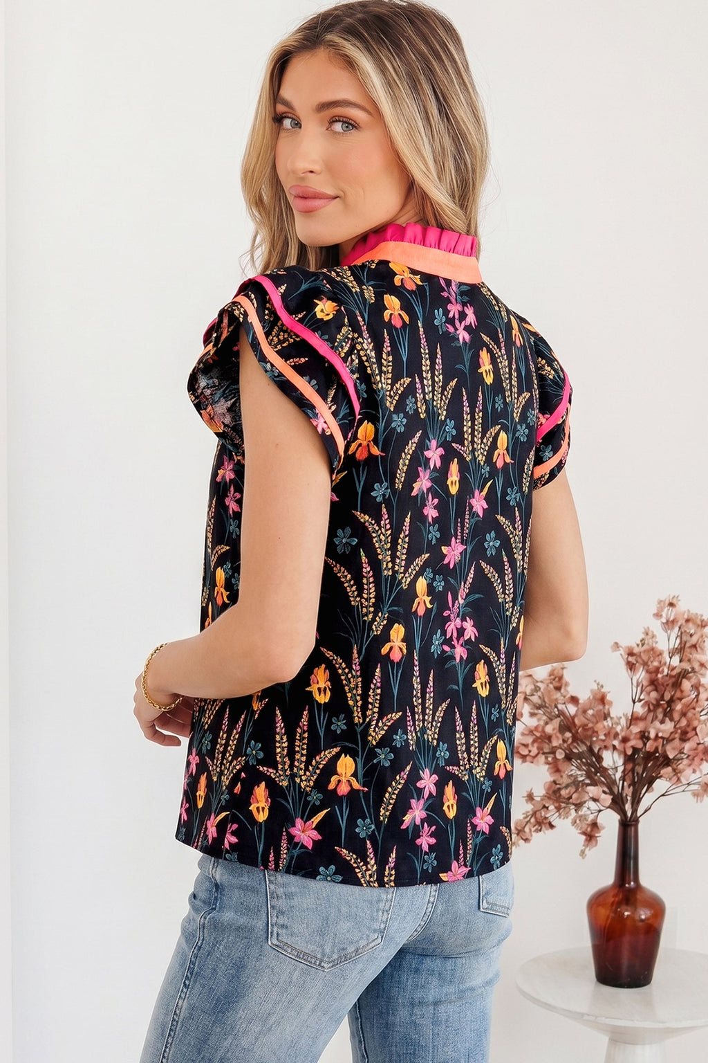 Floral Contrast Trim Tiered Ruffle Short Sleeve Blouse