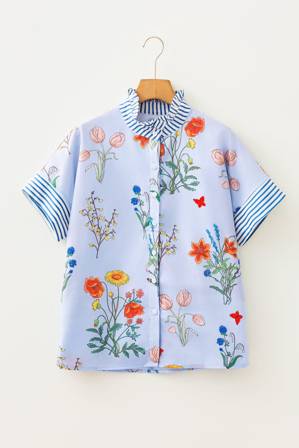 Floral Stripe Patchwork Ruffled Collar Shirt