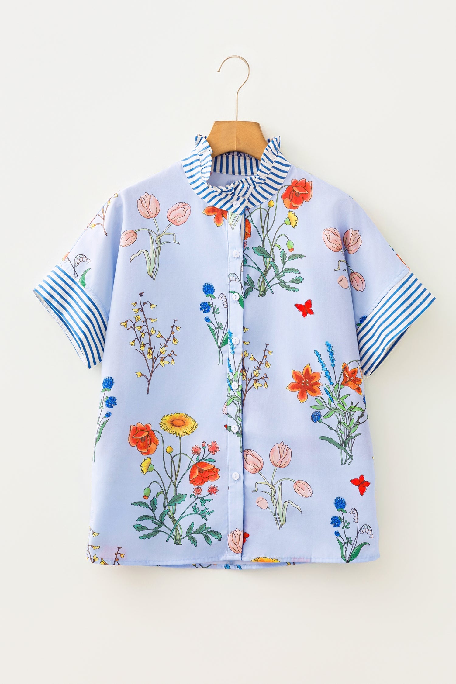 Floral Stripe Patchwork Ruffled Collar Shirt