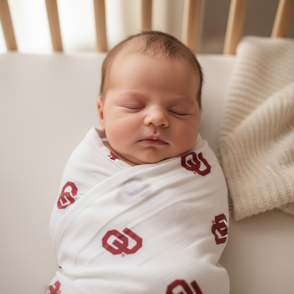 University of Oklahoma Muslin Swaddle Blanket - OU Sooners Baby Swaddle 47x47 by Three Little Anchors