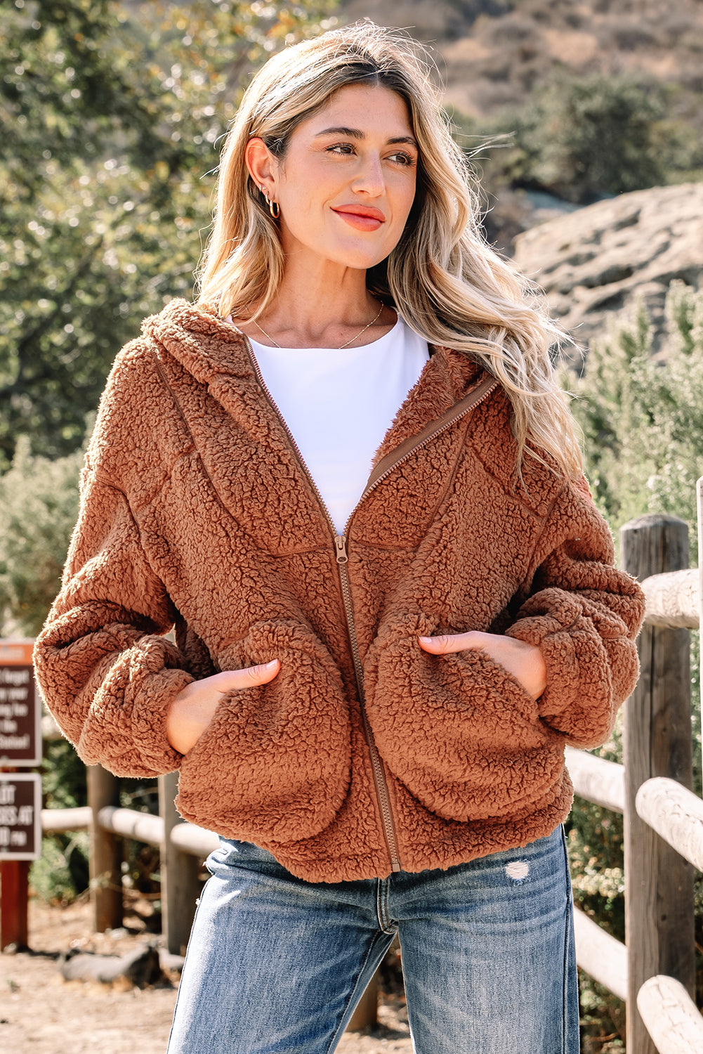 Solid Sherpa Fleece Zip Up Hooded Jacket