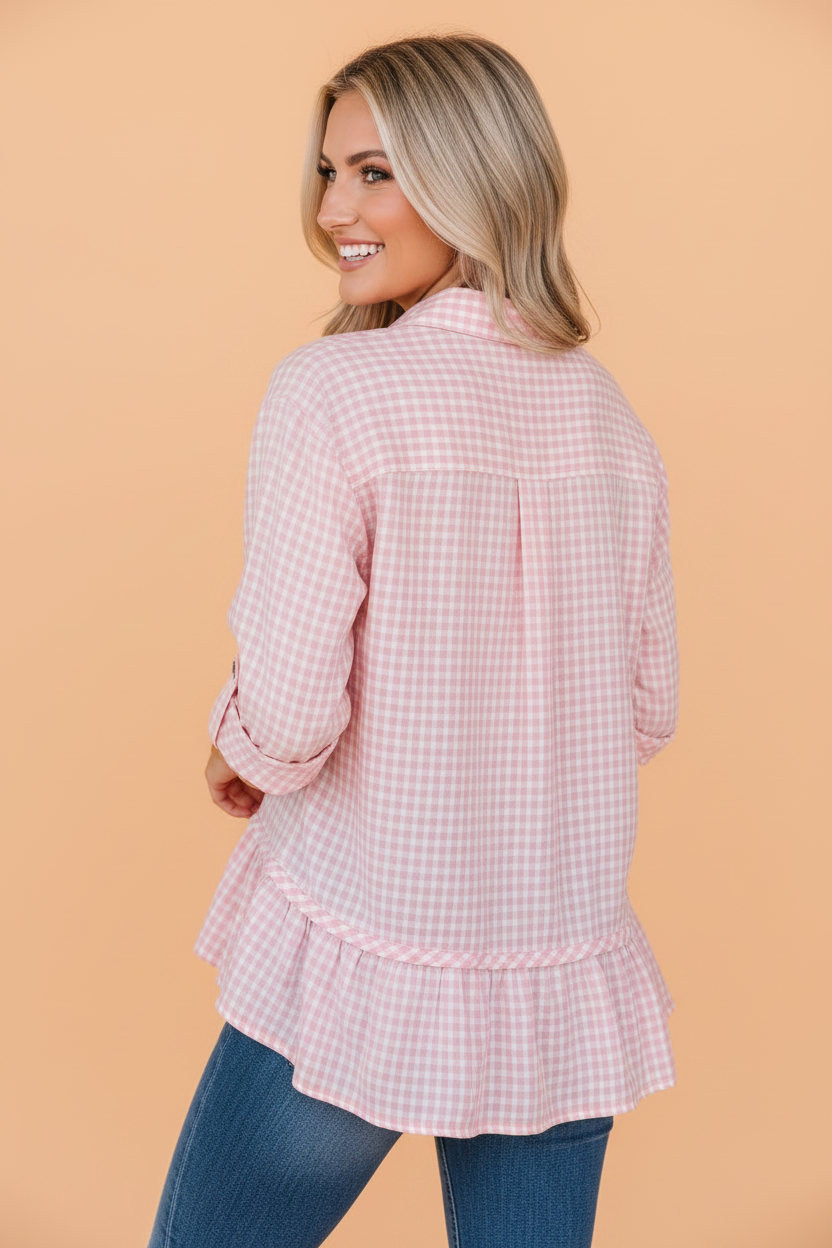 Gingham Plaid 3/4 Sleeve Ruffle Buttoned Shirt