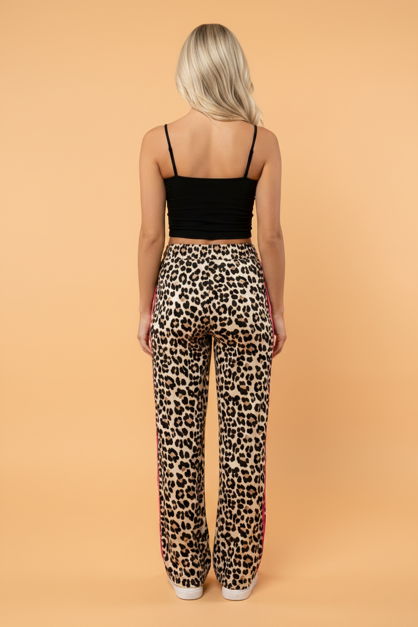 Leopard Tie Waist Contrast Detail Casual Pants