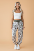 Camo Drawstring Contrast Waistband Barrel Cargo Pants