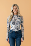 Floral Mesh High Neck Long Sleeve Sheath Top
