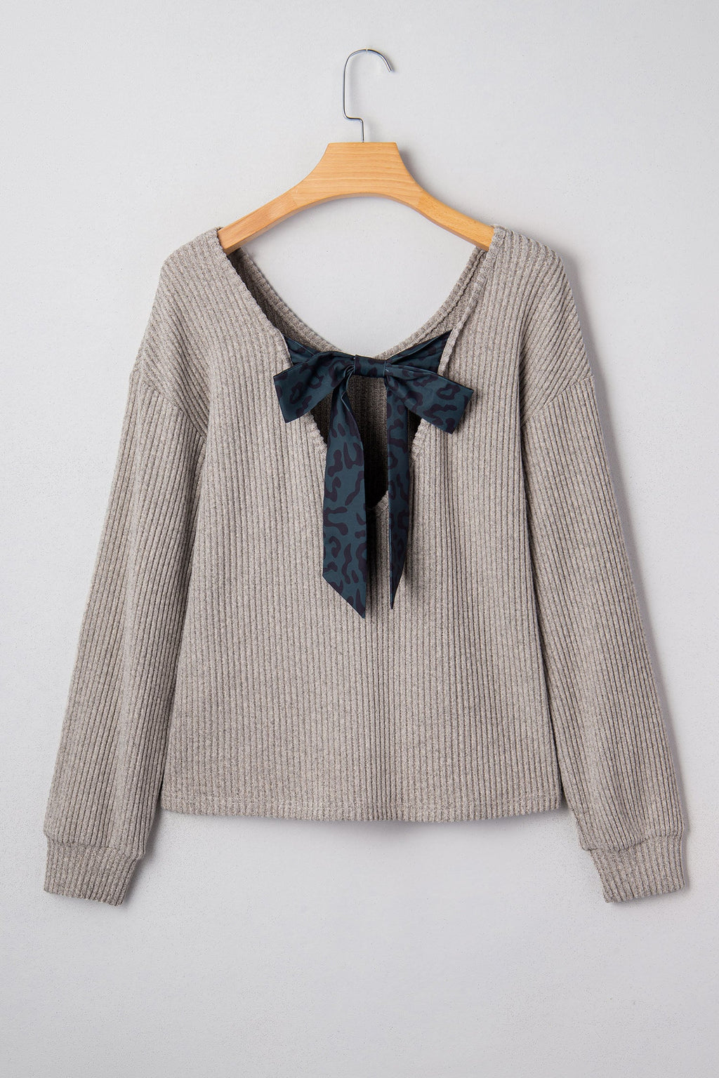 Bow Back Ribbed Knit V-Neck Drop Shoulder Top
