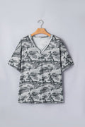 Retro Camo Raw Edge V-Neck Tee by Pretty Bash