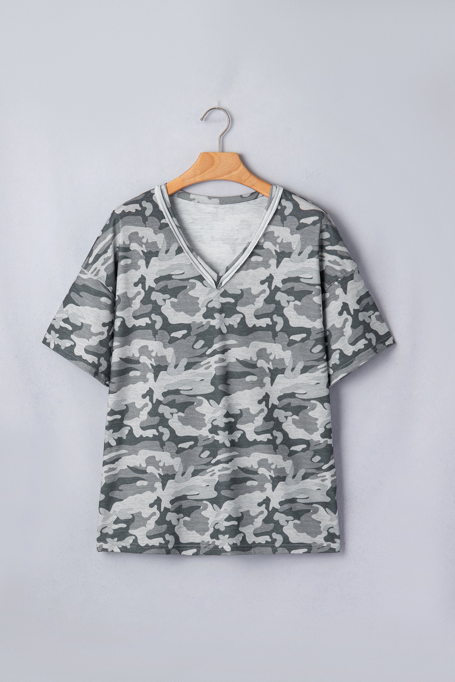 Retro Camo Raw Edge V-Neck Tee by Pretty Bash