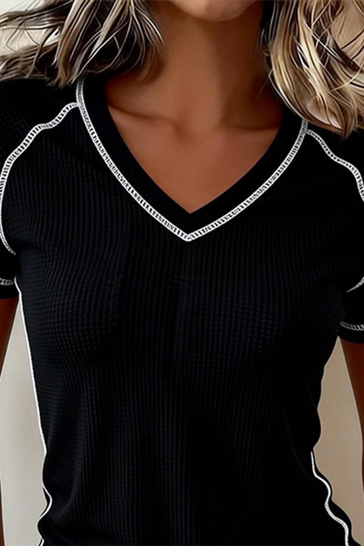 Waffle Textured Contrast Trim V-Neck Tee