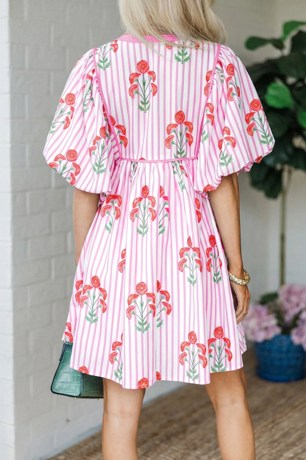 Floral Stripe Tie Neck Puff Sleeve Mini Dress